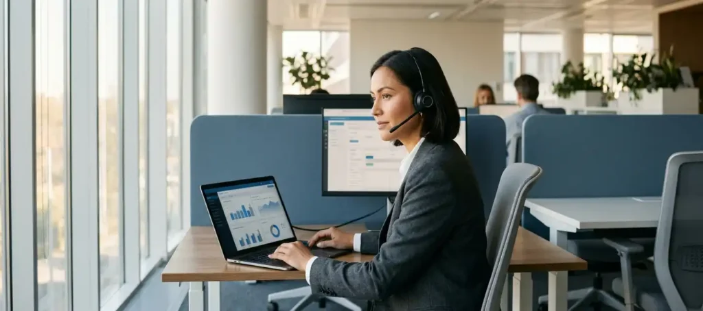 Klantenservicemedewerker met headset analyseert gespreksdata op laptop in modern open kantoor met natuurlijk licht.