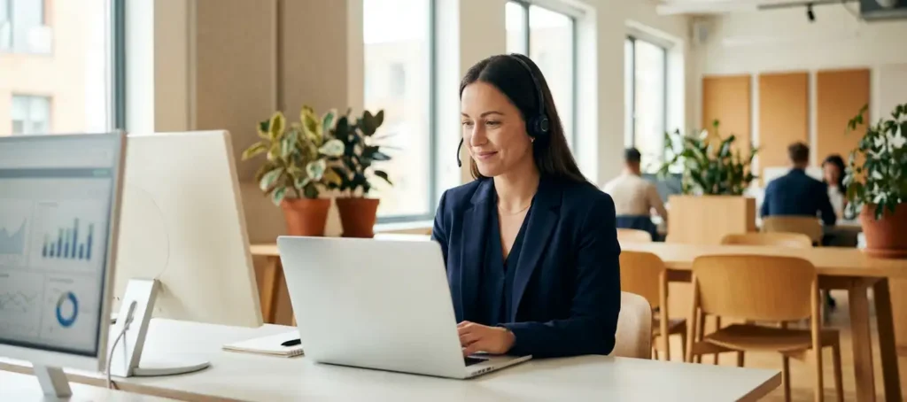 Klantenservice medewerker met headset bekijkt live chatdashboard op laptop in modern open kantoor met daglicht.