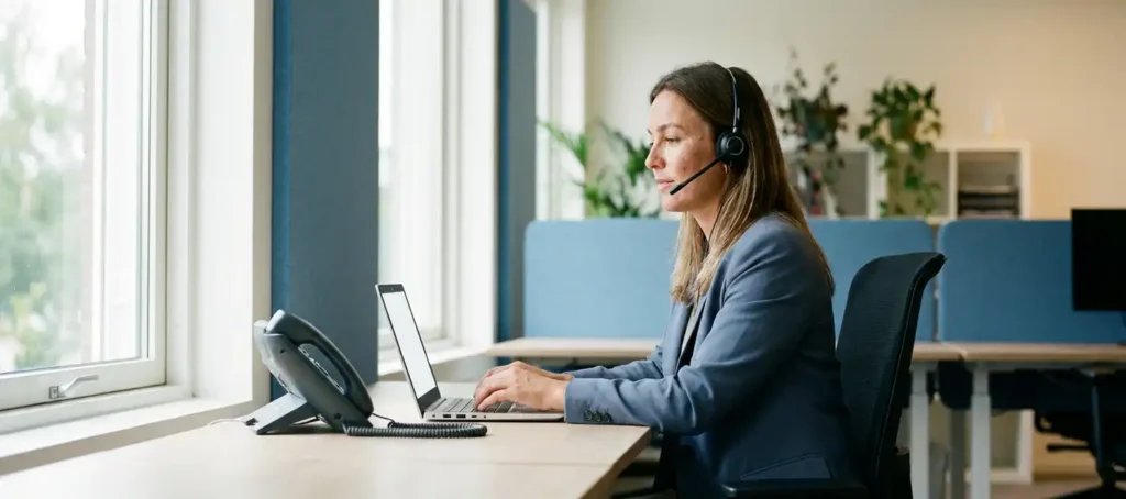 Klantenservicemedewerker met headset aan modern bureau met laptop en bureautelefoon in lichtrijk kantoor.