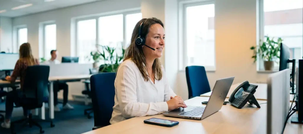 Klantenservicemedewerker met draadloze headset aan modern bureau met laptop, smartphone en vaste telefoon in licht Nederlands kantoor.