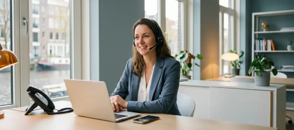Klantenservicemedewerker met headset aan modern bureau, omringd door laptop, smartphone en vaste telefoon in hedendaagse Nederlandse kantooromgeving.