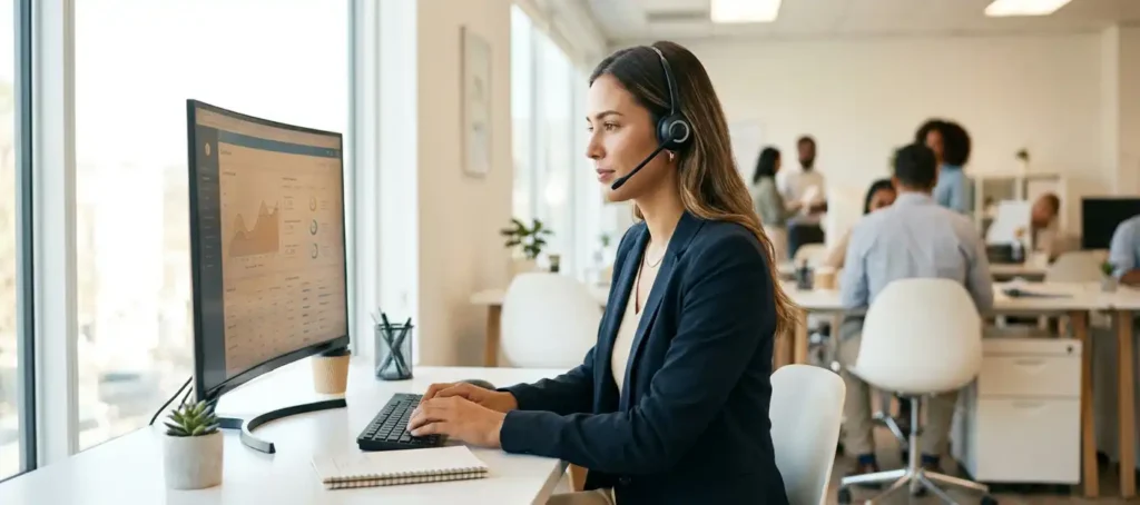 Klantenservicemedewerker met headset aan modern bureau, gefocust op monitor in licht kantoor met natuurlijke belichting.
