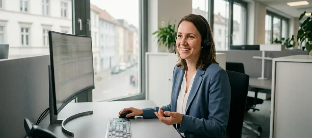 A customer service representative wearing a headset at a modern desk in a professional Dutch office with warm natural light.