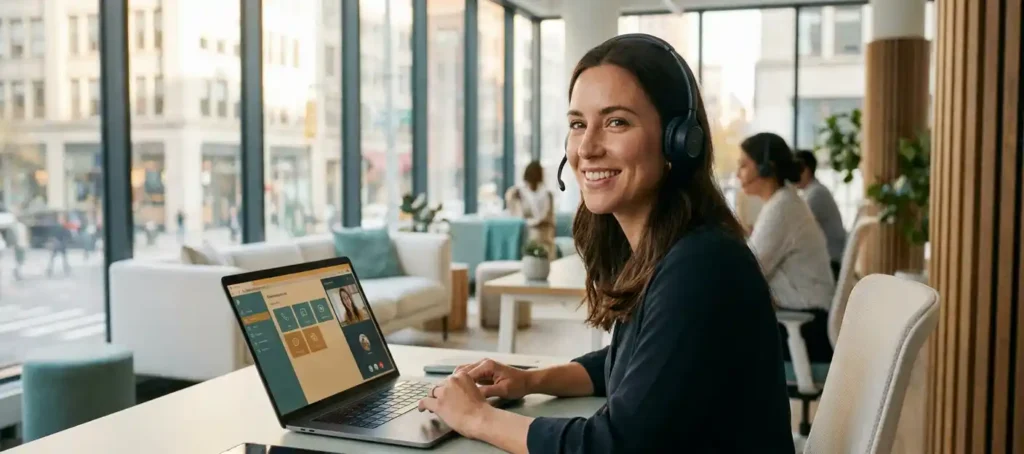 Klantenservicemedewerker met draadloze headset aan modern bureau, laptop open met communicatiekanalen, lichte kantooromgeving met grote ramen.