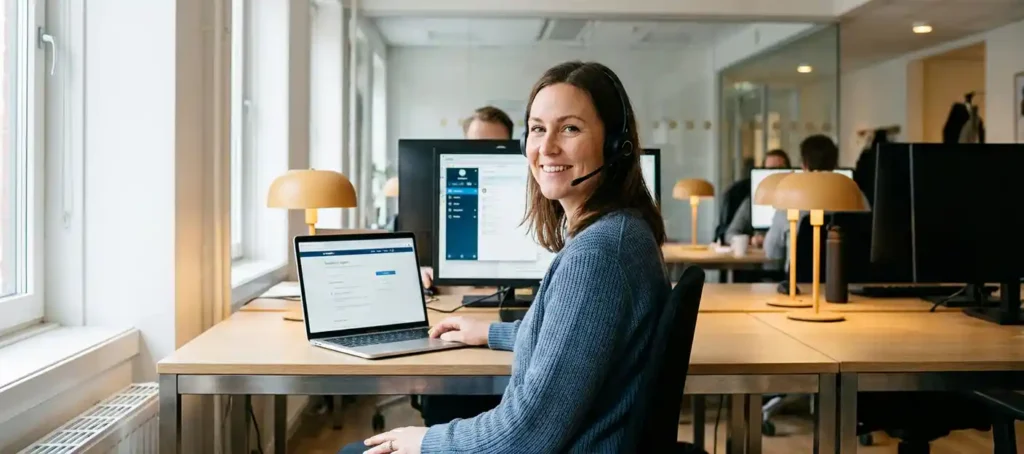 Klantenservice medewerker met headset glimlacht aan modern bureau met laptop en softphone in licht open kantoor.