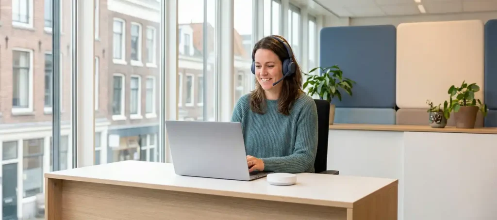 Klantenservicemedewerker met headset aan modern bureau in licht Nederlands kantoor met laptop en draadloze speaker.
