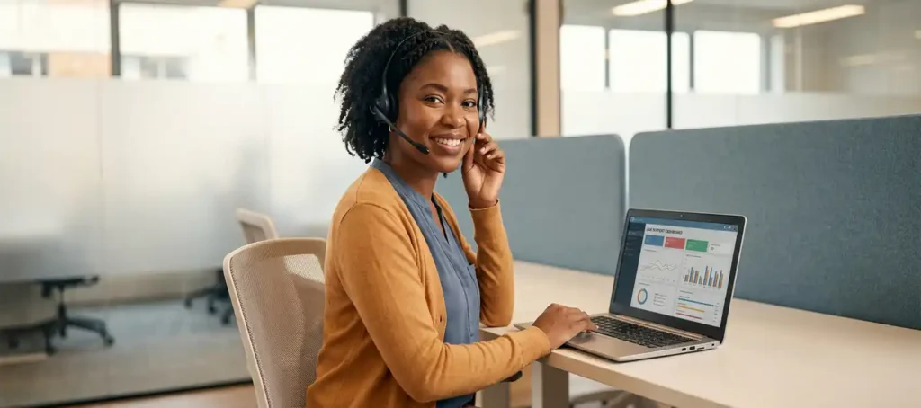 Klantenservicemedewerker met headset aan modern bureau, laptop met live dashboard, lichte open kantooromgeving.