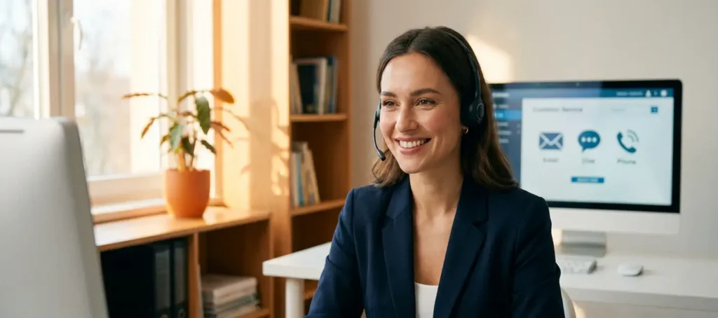 Klantenservicemedewerker met headset aan modern bureau, vriendelijke glimlach, kantooromgeving met zacht natuurlijk licht.