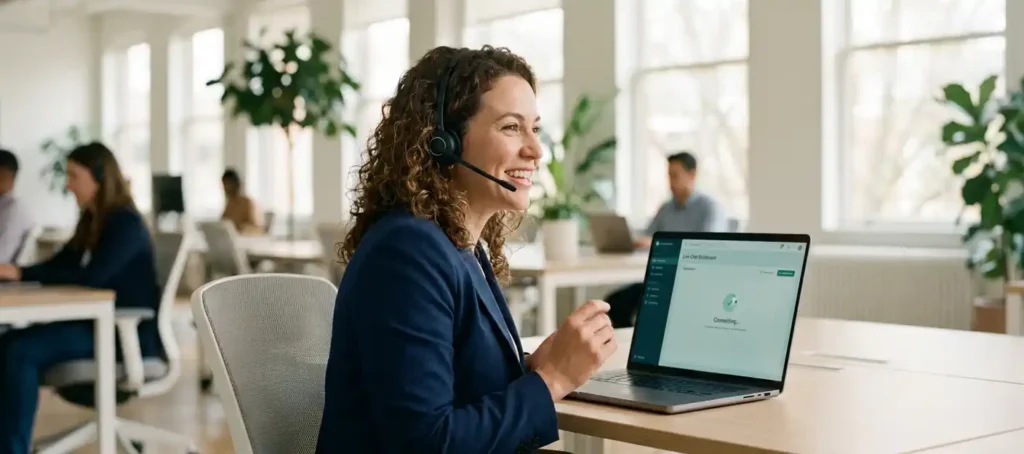 Klantenservicemedewerker met headset aan modern bureau, laptop met live chat-dashboard, licht kantoor op de achtergrond.