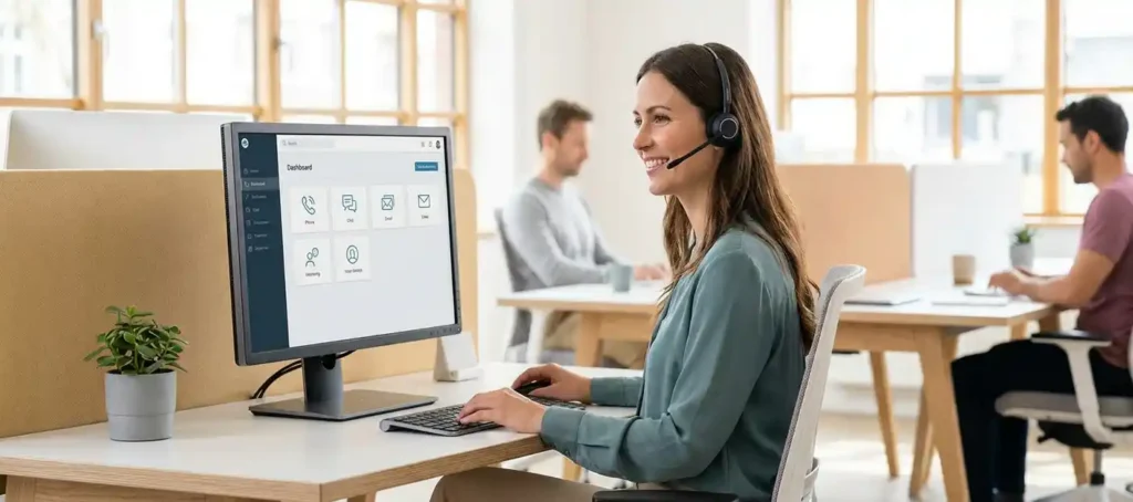 Klantenservicemedewerker met draadloze headset aan modern werkstation met meerdere communicatiekanalen op monitor, lichte kantooromgeving.