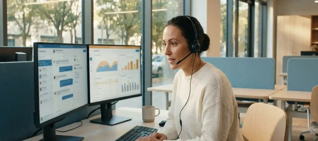 Klantenservicemedewerker met headset achter moderne werkplek met meerdere schermen in licht Nederlands kantoor.