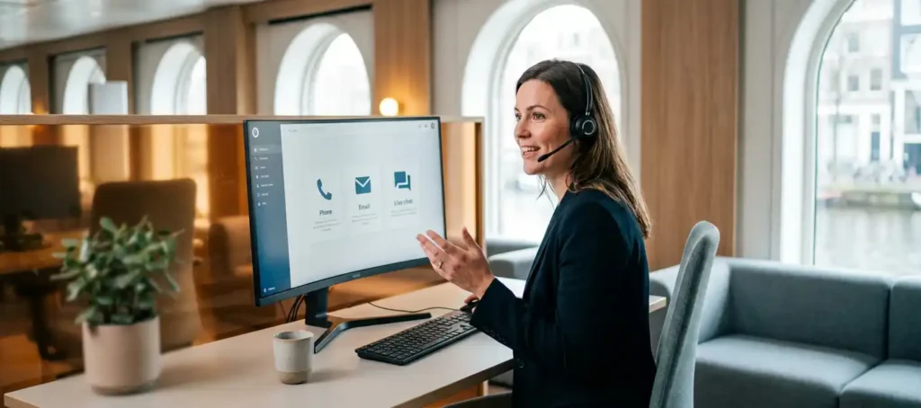 Klantenservicemedewerker met headset aan modern bureau beheert telefoon, e-mail en chat vanuit één werkstation in licht Nederlands kantoor.