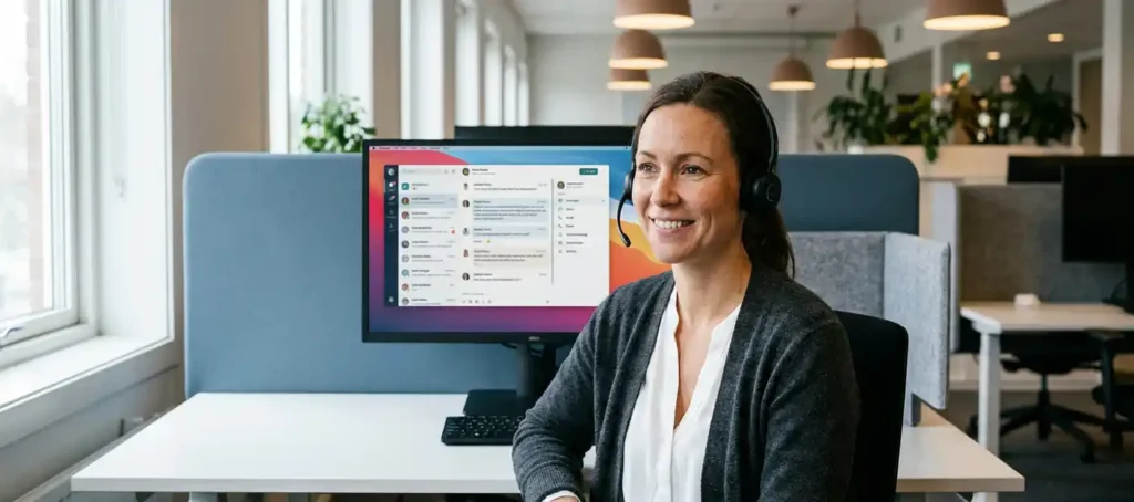 Klantenservicemedewerker met headset achter modern werkstation met meerdere communicatiekanalen op één monitor.