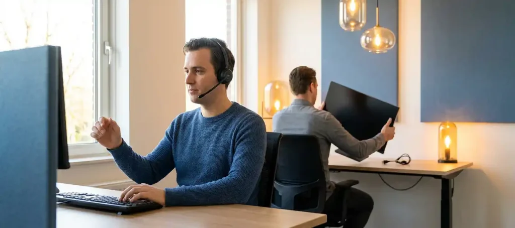 Klantenservicemedewerker met headset aan het werk tijdens actief gesprek, terwijl collega monitor verwisselt op de achtergrond.