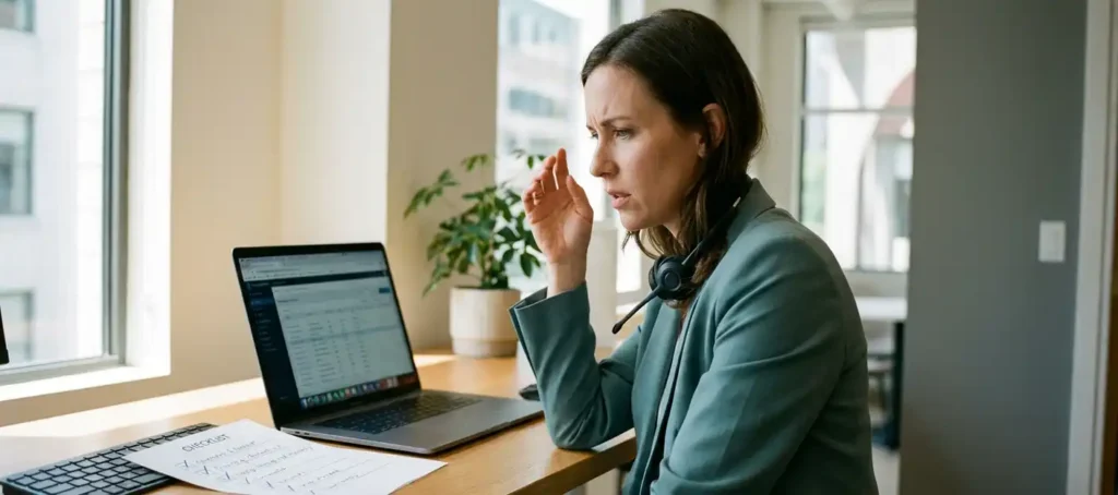 Klantenservicemedewerker bekijkt aandachtig laptopscherm aan modern bureau met checklist, zacht natuurlijk licht, professionele kantooromgeving.