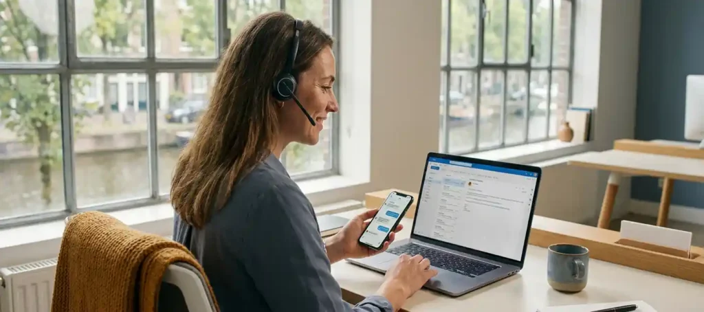 Klantenservicemedewerker met headset aan bureau, tegelijk bereikbaar via smartphone, laptop en e-mail in modern Nederlands kantoor.