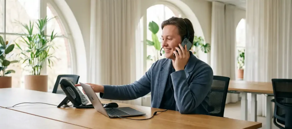 Klantenservicemedewerker aan modern bureau met laptop, smartphone en vaste telefoon in licht Nederlands kantoor.