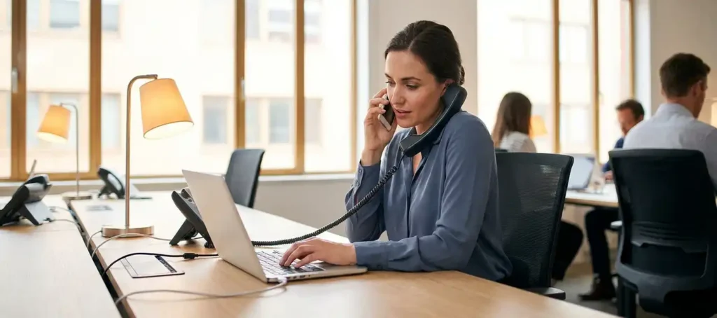 Klantenservicemedewerker aan modern bureau beheert laptop, smartphone en vaste telefoon gelijktijdig in stijlvolle kantooromgeving.