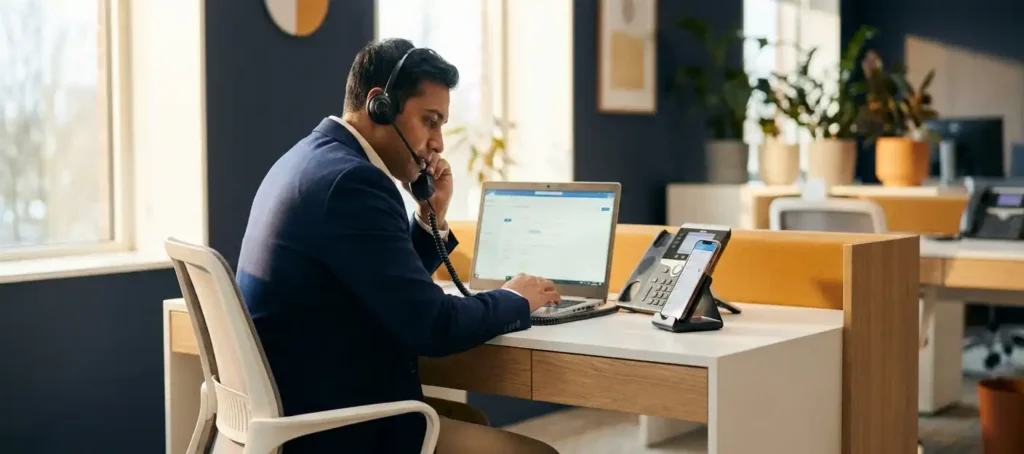 Klantenservicemedewerker beheert gelijktijdig laptop, desktelefoon en smartphone aan modern bureau in warm kantoor.