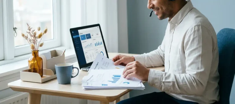 Customer service representative analyzes printed performance reports and laptop screen with call statistics on modern desk.