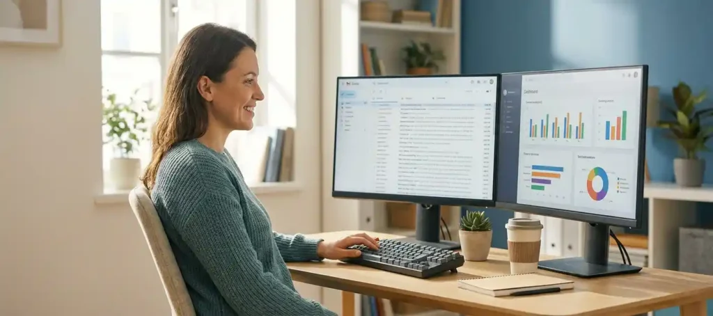 Ontspannen klantenservicemedewerker aan modern bureau met dual-monitor setup, georganiseerde gespreksrijen, plant en koffie, zacht natuurlijk licht.
