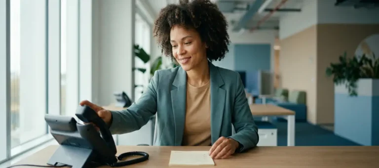A customer service representative hangs up the phone after a call and looks at a feedback form at a modern desk in a Dutch office.