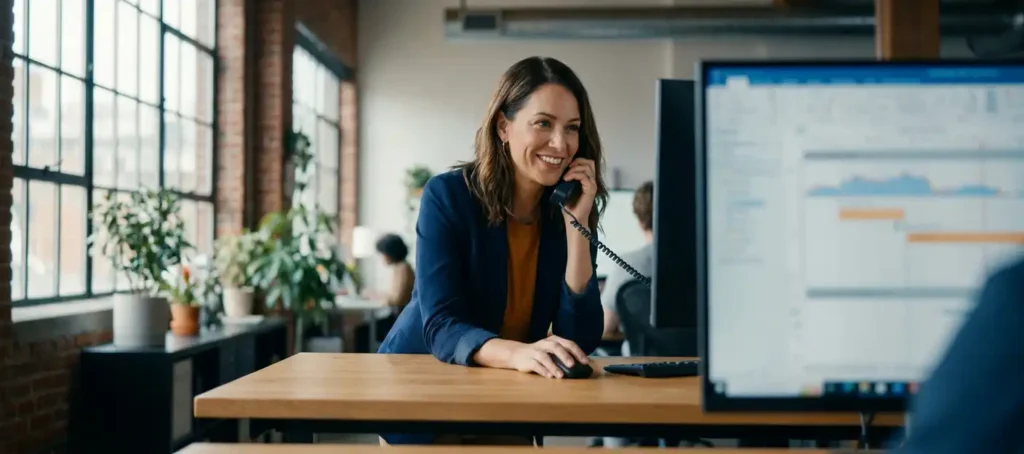 Klantenservicemedewerker belt proactief vanuit modern open kantoor in Nederland, met klantentijdlijn op achtergrondscherm.