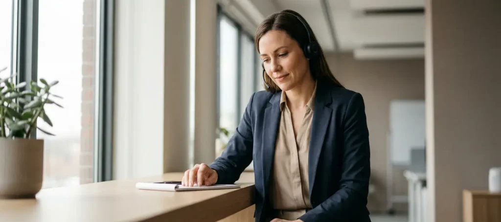 Klantenservicemedewerker aan modern bureau in gesprek via telefoon, voorovergebogen met betrokken blik, zacht natuurlijk licht.