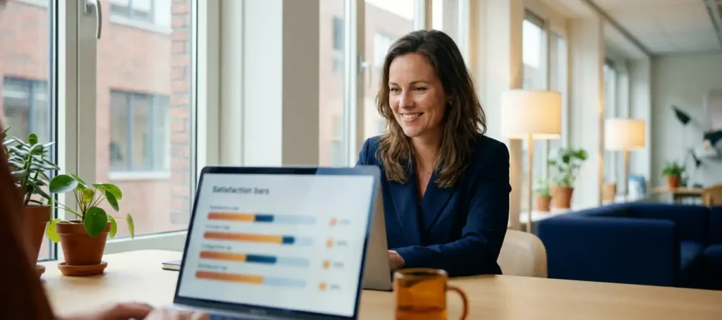 Klantenservicemedewerker bekijkt tevredenheidsonderzoek op laptop in modern Nederlands kantoor met natuurlijk licht.