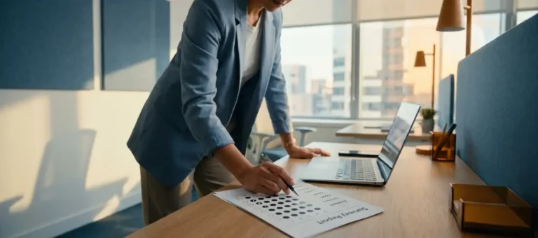A customer service representative reviews a paper-based satisfaction survey at a modern desk, laptop open, in a warm office with large windows.