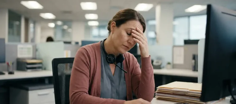 An exhausted customer service representative with a headset around her neck, her eyes closed from fatigue, sitting at a tidy desk in a call center.