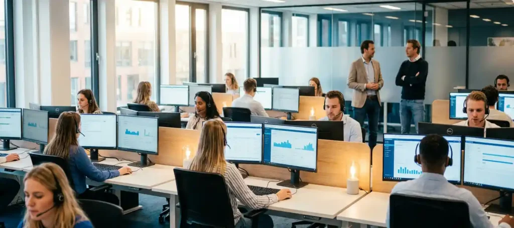 Drukke klantenservicevloer met agenten in headsets achter moderne werkstations, teamleiders op de achtergrond, dashboards op meerdere schermen.