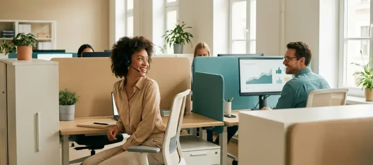 A smiling customer service representative at a modern workstation next to a colleague reviewing positive feedback on a monitor, in an open-plan office.