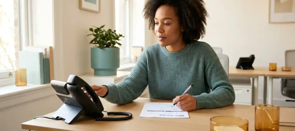 A customer service representative at a modern office reviews an NPS survey and picks up the phone to follow up with a customer.