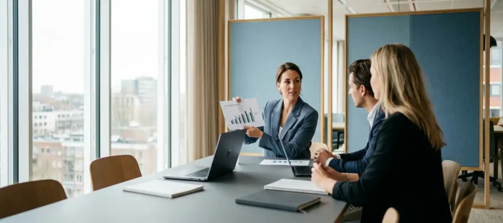 Professional presenteert klantenservice-prestatiecharts aan twee executives in een moderne Nederlandse boardroom met vloer-tot-plafondvensters.