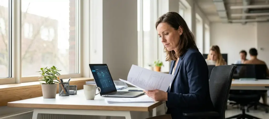 Klantenserviceprofessional aan modern bureau met beveiligingsdocumenten en laptop in Nederlands kantoor met daglicht.