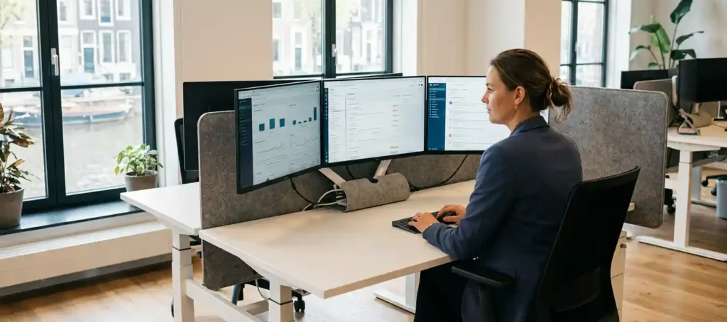 Professional aan modern bureau met meerdere klantservice-dashboards op schermen, verbonden via centrale kabelhub, licht Nederlands kantoor.