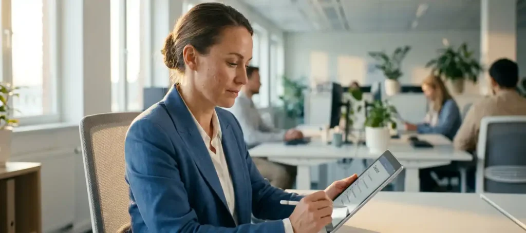Klantenservicemedewerker bekijkt checklist op tablet aan modern bureau, kantoor op de achtergrond, warm natuurlijk licht.