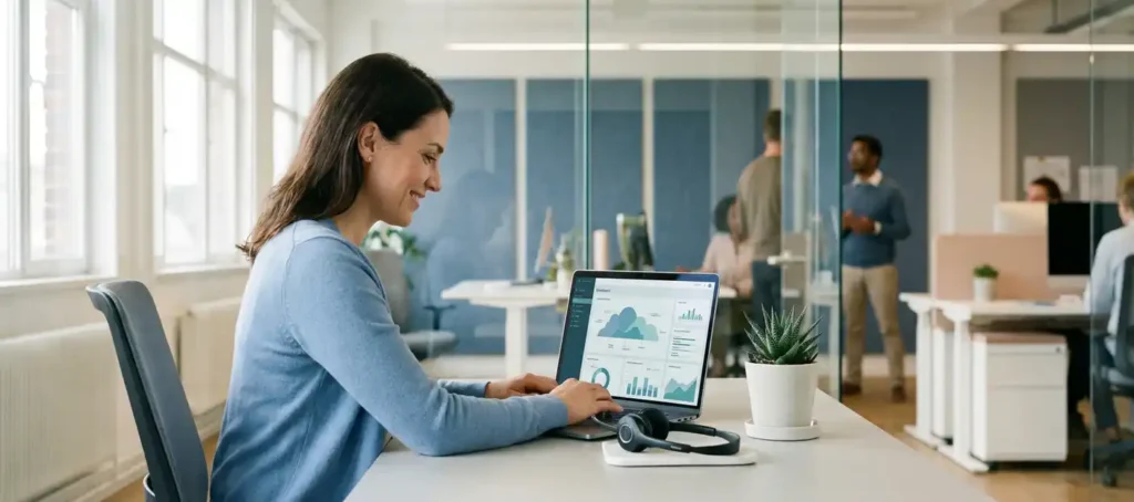 Klantenservicemedewerker bekijkt cloudgebaseerd dashboard op laptop aan modern bureau, headset op de voorgrond, glazen kantooromgeving op achtergrond.