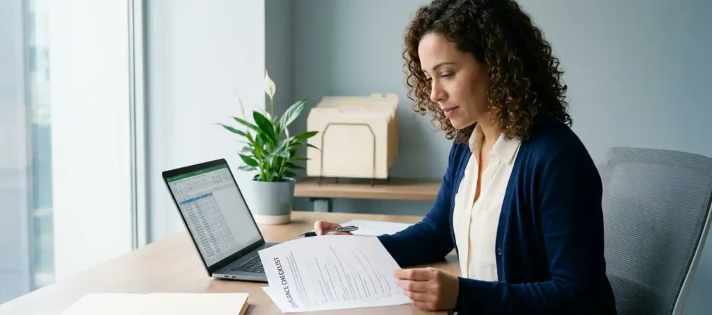 A customer service representative in business attire going through a compliance checklist at a modern desk with a laptop and file folders.