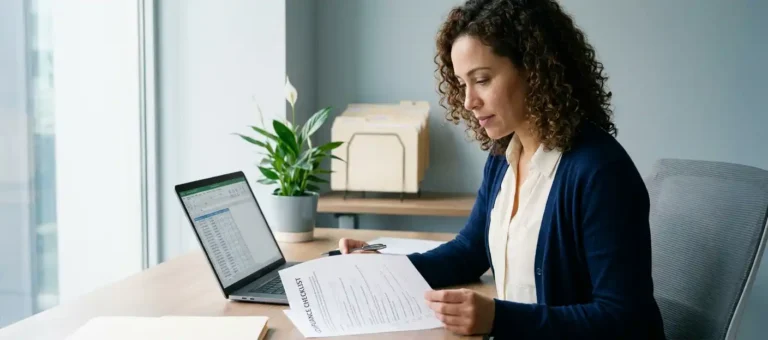 A customer service representative in business attire going through a compliance checklist at a modern desk with a laptop and file folders.