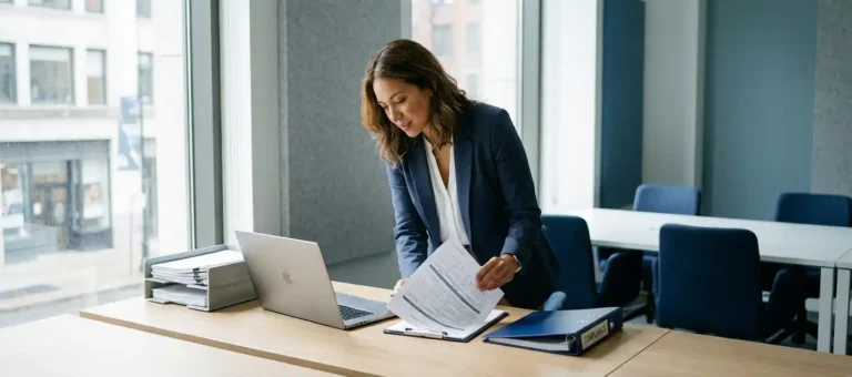 A customer service representative reviews a compliance document at a modern desk with a laptop and a binder in a Dutch office.