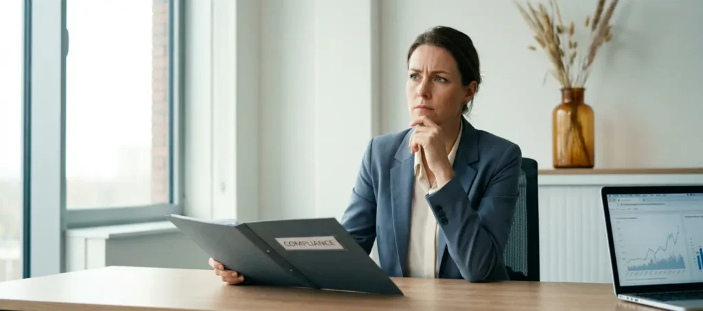 A customer service representative takes a break, deep in thought, at a modern desk with a compliance folder and laptop in a business office setting.