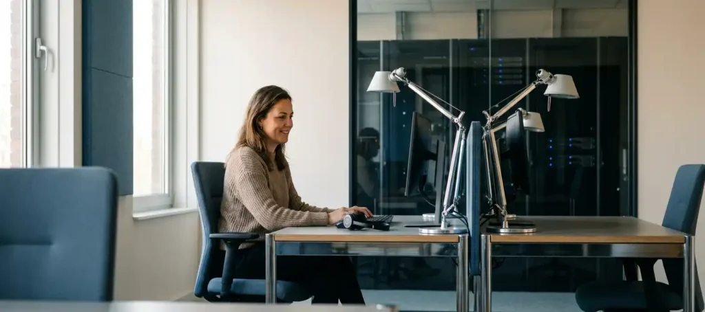 Klantenservicemedewerker met headset aan modern bureau in Nederlands kantoor, serverruimte zichtbaar achter glazen wand.