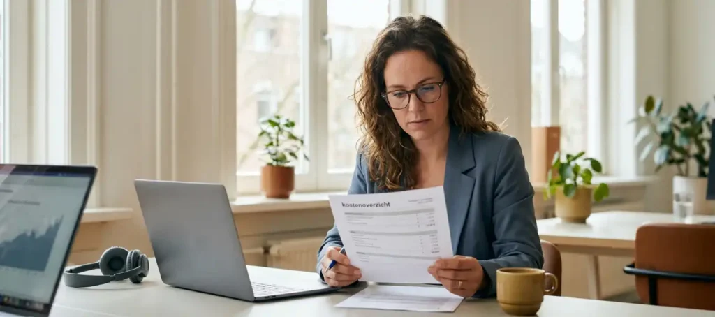 Klantenservicemedewerker bekijkt kostenrapport aan modern bureau met laptop, headset en koffie in warm kantoor met natuurlijk licht.