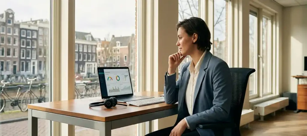 Klantenservicemedewerker bekijkt dashboard-analyses op laptop aan modern bureau met headset, Nederlands stadsgezicht op achtergrond.