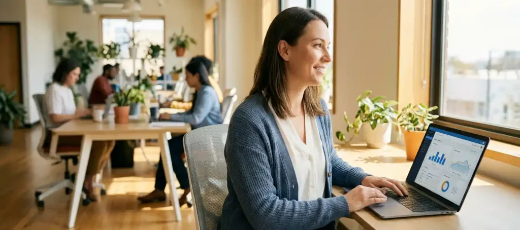 Klantenservicemedewerker werkt ontspannen aan laptop met dashboard in licht modern kantoor met natuurlijke belichting.