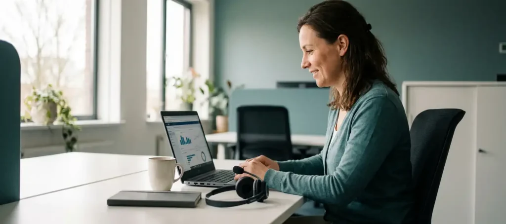 Klantenservicemedewerker bekijkt prestatiemetrics op laptop aan modern bureau met headset, notitieboek en koffie in natuurlijk kantoorlicht.