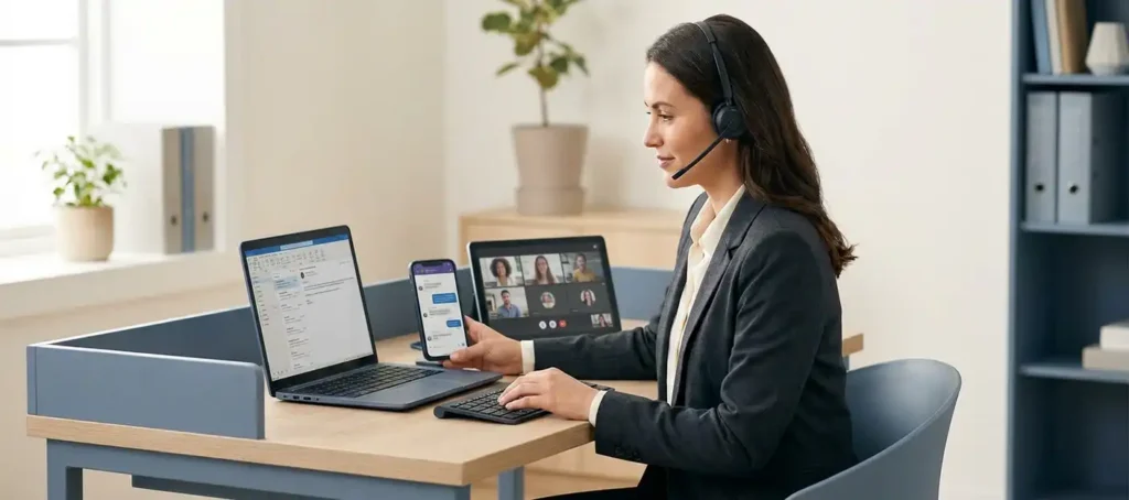 A customer service representative manages multiple communication channels using a laptop, smartphone, and tablet at a modern workstation.