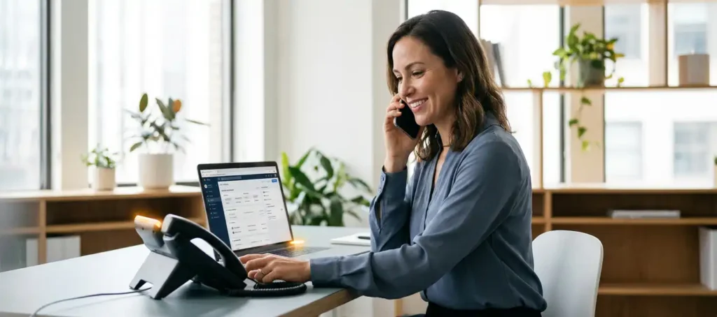 A customer service representative at a modern office manages a laptop, smartphone, and landline simultaneously in a bright office environment.